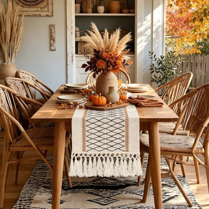 yuboo 72 Inch Boho Farmhouse Table Runner - color: Black&beige, size: 72 inch