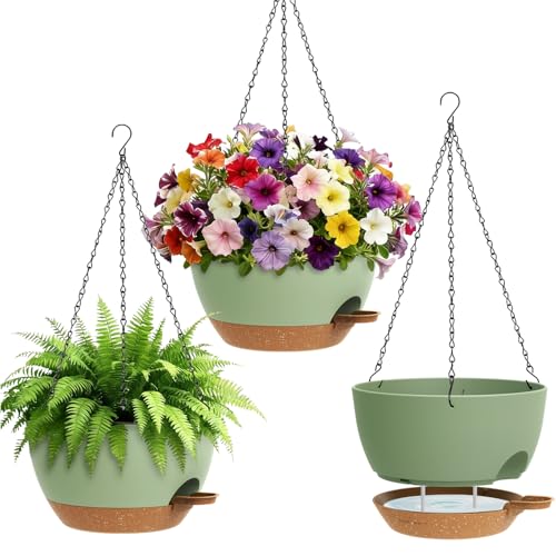 UOUZ Set of 3-10 Inch Self Watering Hanging Planters for Indoor & Outdoor，Hanging Plant Pots with Drainage & Removable Tray, Hanging Pots Holder for Ivy, Ferns, Balcony & Patio, Green and Brown - color: Green With Brown, size: 10inch-3pack