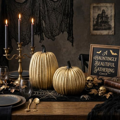 Gold Halloween Pumpkin Decor, Small Resin Pumpkins Set of 2 - color: Gold and Black-set of 2