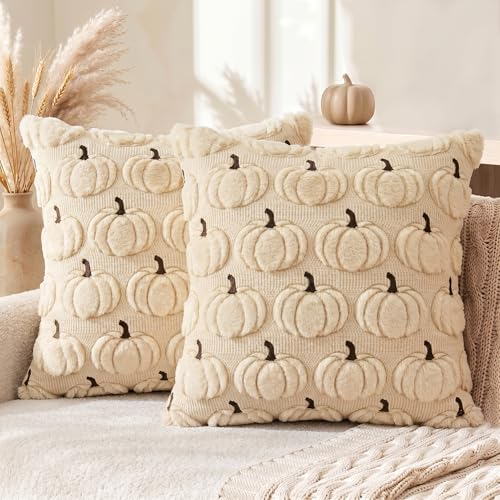 AVOIN colorlife Beige Fall Pumpkin Throw Pillow Covers 18x18 Inch - color: Beige, size: 18" x 18" (Pack of 2)