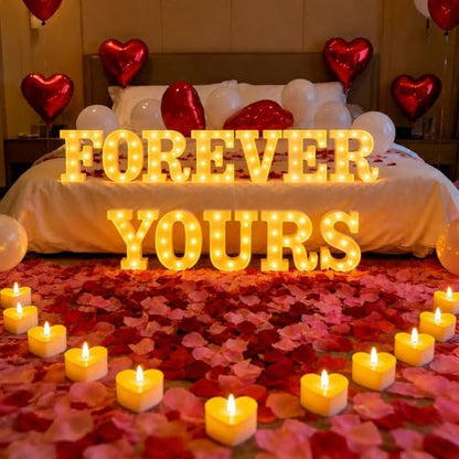 Forever Yours Light up Letters, Include Tea Lights Candles, Latex Balloons, Aluminum Balloons and Rose Petals, Special Festival, Surprise Gifts for Women and Men - color: FOREVER YOURS