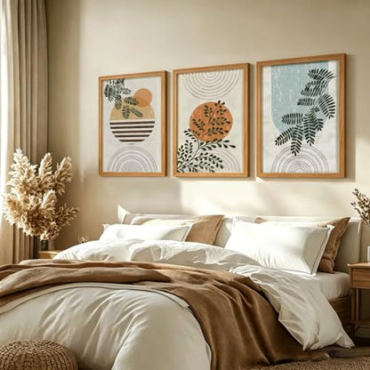 HCJWCXD Boho Plant Wall Art Set of 3 Framed Canvas Prints 12x16 Inch - color: Green Leaves and Rising Sun, size: 12x16 Inches