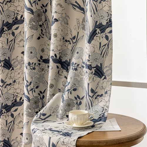 SUOUO Grey Blue Floral Blackout Curtains 96 Inches 2 Panels Grommet-Top - color: Grey-blue, size: 52"W x 96"L (Pack of 2)