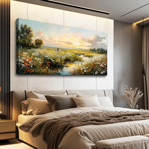 XIGUANGART Nature Landscape Wall Art, Sunset Wildflowers Pictures 20X40 In - color: Pastoral Scenery Paintings, size: 40"L x 20"W