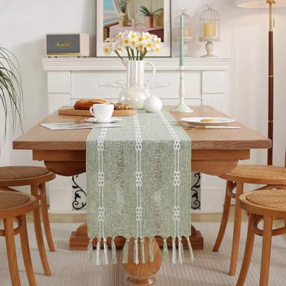 Rustic Boho Table Runner, Farmhouse Table Runners 72 Inches Long for Kitchen Dining Room, 13x72 Inches, Sage Green Lines - color: Hollow Sage Green Lines, size: 13"x72" / 33x183cm