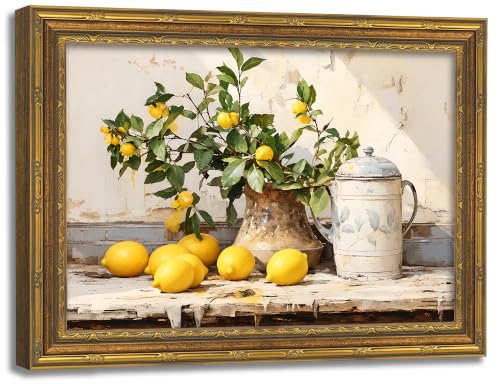 Vintage Gold Framed Canvas Wall Art 12×16 Inch Lemon Still Life Picture Poster Rustic Wall Decor for Kitchen Dining Room Farmhouse Home Decoration - color: lemon, size: 16"L x 12"W