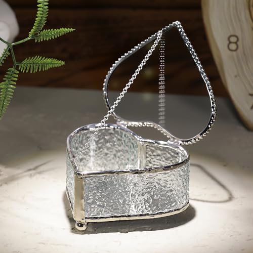 Glass Vintage Jewelry Box Keepsake storage Trinket Ring Display Box Home Decor Embossed Clear Glass Box Organizer(4×3.6×2.1inches) - color: Silver