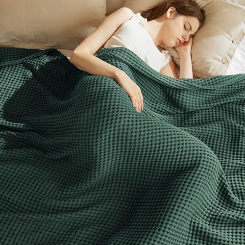 Bedsure Lightweight 100% Cotton Waffle Blanket, Throw XL, Dark Green - color: Dark Green, size: Throw Xl (50" X 70")