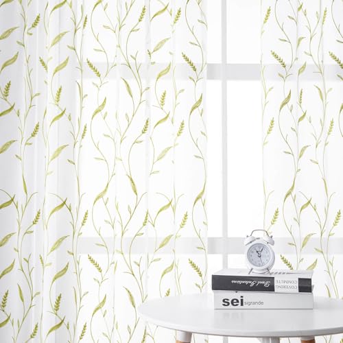 Green Leaf Embroidered Sheer Curtains 63 Inch Length 2 Panels for Kids Room Living Room, Wheat Leaves Semi Sheer Patterned Short Curtain Drapes Rod Pocket Floral Tulle Curtains - color: Green, size: 52"W x 63"L (Pack of 2)