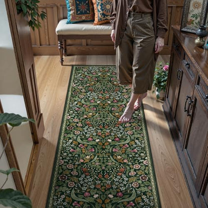 Lahome Green Floral Runner Rug, 2.6x8 Washable Botanical Hallway Runner Rug - color: Green, size: 2'6'' x 8'