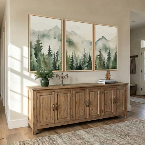 Framed Green Forest Landscape 3 Piece Wall Art for Living Room, 24x36 Inch - color: Neutral Green Forest, size: 24" W x 36" H x 3Pcs