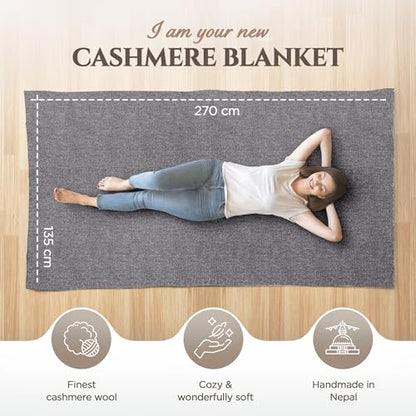 Cashmere Blanket – Hand Woven 100% Cashmere Wool Throw Blanket, 135 x 270 cm – Plain Cozy, and Soft Blanket for Bed, Sofa, or Couch - Made in Nepal - color: Black Grey