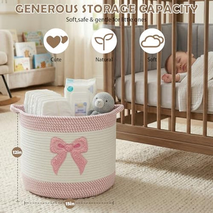 Baby Laundry Basket for Nursery, Large 15”x12”Baby Girl Storage Baskets - color: Bow
