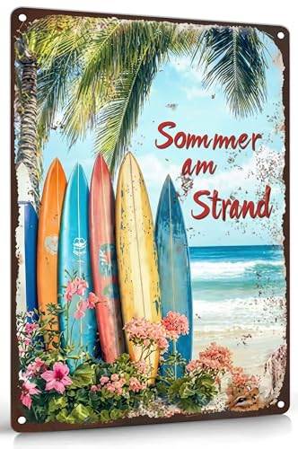 Sommer Strand Metal Wall Art Summer Coastal Surfboard Decor Painting Pictures German Beach Signs posters Prints for Interior Outdoor Room Balcony Hotel Resort Home Decoration 8x12 In - color: Coastal4