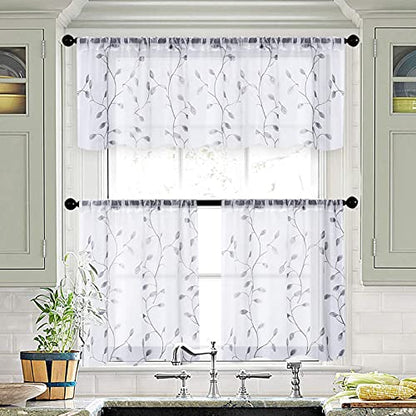 MRTREES Sheer Voile Curtain Valances 2 Panels, Leaves Embroidered Valance Curtains Rod Pocket, Small Sheer Window Curtains Treatment for Bedroom/Living Room/Kitchen/Basement(Grey Leaves, 54x16 Inches) - color: Leaves-grey