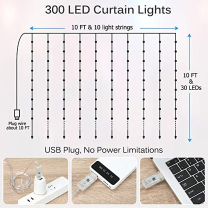 Fairy Curtain Lights 10ft x 10ft,300 LED RGB Color Changing Lights - size: 300-LED RGB 10ft x 10ft