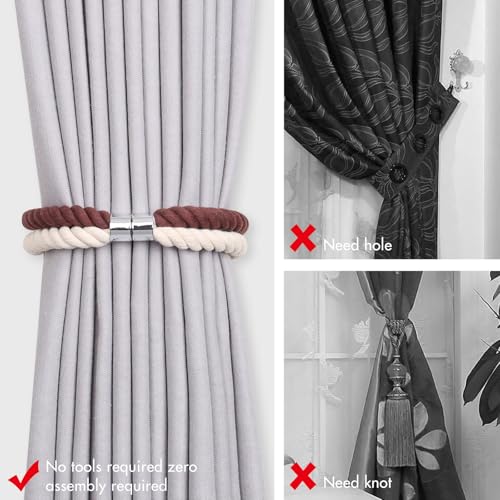 NICEEC Cotton Rope Magnetic Curtain Tiebacks, 4 Pack, Coffee & Beige - color: Coffee & Beige, size: 4 Pack