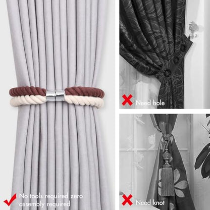 NICEEC Cotton Rope Magnetic Curtain Tiebacks, 4 Pack, Coffee & Beige - color: Coffee & Beige, size: 4 Pack