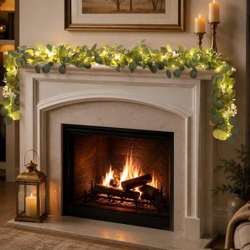 N&T NIETING 2 Pack Artificial Eucalyptus Garland with Lights, 6FT Artificial Greenery Summer Garlands, Battery Operated Twig Vine for Room Stairs Mantle Wedding Holiday Decoration Indoor Outdoor - size: 2