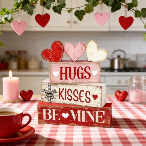 Valentines Day Decorations - Valentine Tiered Tray Decor Set - Wooden Table Decoration with Heart Signs - Rustic Farmhouse Valentine’s Day Home Decor Indoor for Shelf Mantel Coffee Table Gift - style: HUGS / KISSES