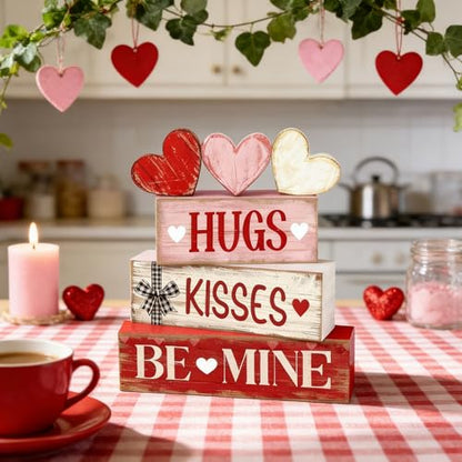 Valentines Day Decorations - Valentine Tiered Tray Decor Set - Wooden Table Decoration with Heart Signs - Rustic Farmhouse Valentine’s Day Home Decor Indoor for Shelf Mantel Coffee Table Gift - style: HUGS / KISSES