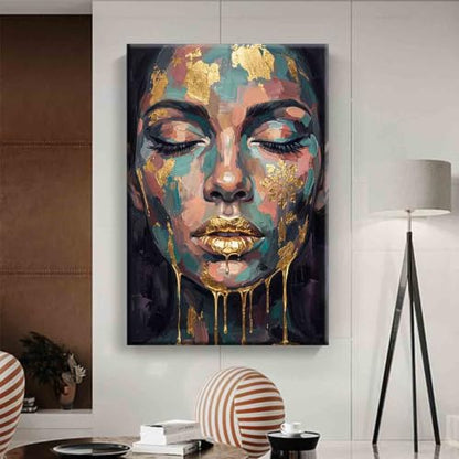 Mostemauo Abstract Face Wall Art Female Portrait Canvas Blue Gold 16x24inch Framed - color: 4, size: 16x24inch framed