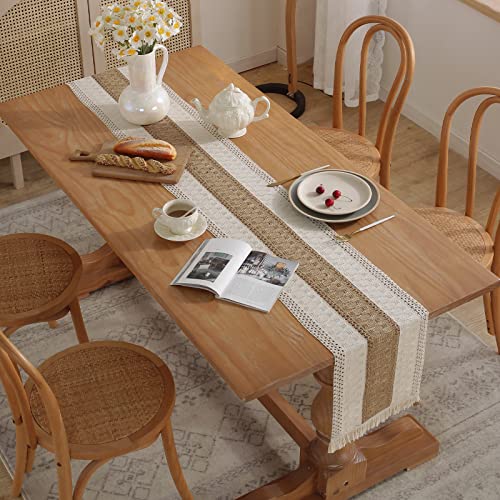 Boho Burlap Macrame Table Runner, Farmhouse Style Cotton Linen Rustic Woven Table Runner with Tassels for Dining, Wedding, Bridal Shower, Bohemian (12x108 inch, Coffee Stripe) - color: Coffee Stripe, size: 12x108 inch