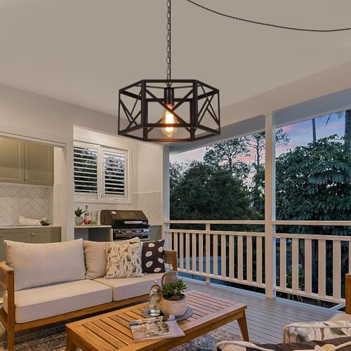 Rustic Farmhouse Plug in Pendant Light Fixture with Adjustable Chain, Dimmable Switch, 14.5 inch Modern Industrial Metal Cage Hanging Lamp for Kitchen Island Dining Room Farmhouse Home, Black - size: Medium hanging lamp