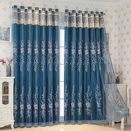 Amidoudou 1 Pair European Double Layer Curtains for Living Room Bedroom Luxury Peacock Flower Embroidered Curtains with Valance (Blue,51x96 Inch) - color: Blue, size: 51"W x 96"L (Pack of 2)