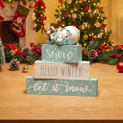 Smile 4 Pcs Christmas Signs Wooden Indoor Tabletop Decorations - style: Let It Snow