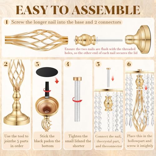 Gold Crystal Tall Vase Centerpiece Stand, Elegant Gold Flower Holder for Wedding Table Centerpieces, Perfect Wedding Reception Table Decor, Bases para Centros de Mesa, Centros de Mesa(6Pack) - size: 6Pack