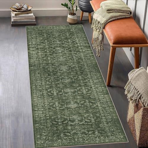 2x6 Washable Kitchen Runner Rug Non-Slip Boho Dark Green Throw Carpet - color: Dark Green, size: 2' x 6' (Runner)