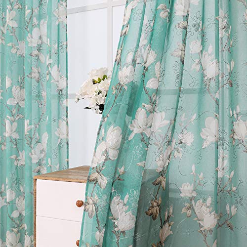 Tollpiz Floral Turquoise Sheer Tier Curtain Flower Print Vine Embroidery Kitchen Half Curtains Rod Pocket Café Voile Window Curtain for Bathroom, 30 x 36 inches Long, Set of 2 Panels - color: Turquoise, size: 30"W x 36"L (Pack of 2)