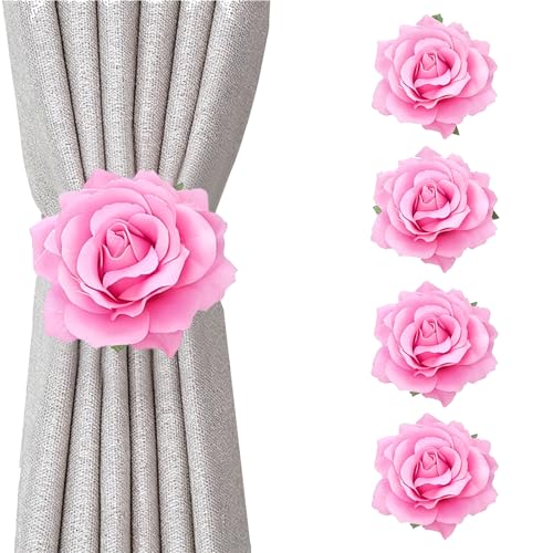 Magnetic Curtain Tiebacks, Rose Flower Tie Backs Rope for Curtains, Elegant 4 Pack Decorative Holdbacks Holders, Home Decor Thin or Sheer Window Drapries Bed Canopy (Pink) - color: Pink-4 Pack