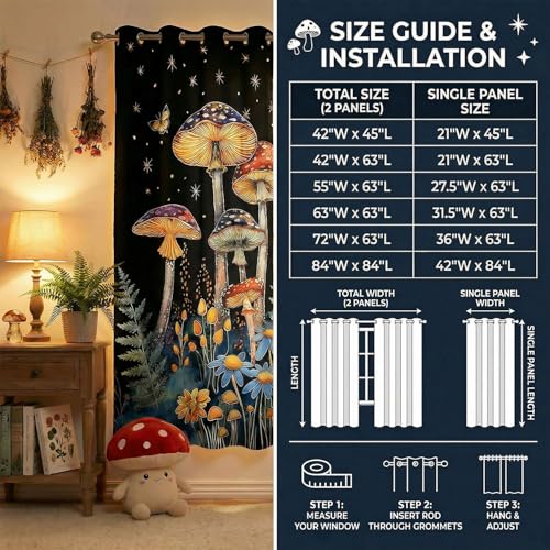 Mushroom Blackout Curtains for Bedroom, Whimsical Moody Witchy Home Decor Fairy Forest Drapes, Vintage Botanical Thermal Insulated Darkening Window Panels for Living Room, 42x63 Inch - color: Mushroom_03, size: 42"W x 63"L (Pack of 1)