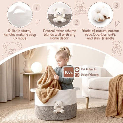 LemonRoad Large Woven Bear Basket, Cotton Rope, White Bear, Brown - color: Brown, size: Cotton Rope, style: White Bear