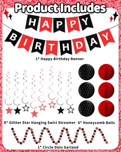 Happy Birthday Decorations, Party Decorations Banners for Men Boys - color: Black Red