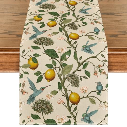 Artoid Mode Brown Lemon Tree Bird Flower Summer Table Runner,Spring Kitchen Dining Table Decoration for Home Party Decor 13x60 Inch - size: 13" x 60", Table Runner