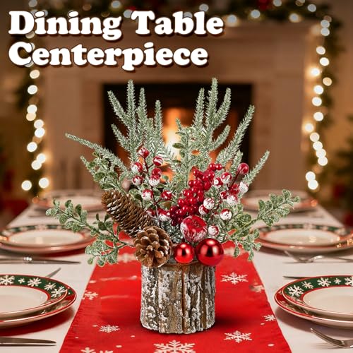 Christmas Centerpieces for Tables – Tabletop Christmas Decorations with Pine, Cones & Berries – Indoor Holiday Decors for Home, Office, Kitchen or Fireplace Mantel