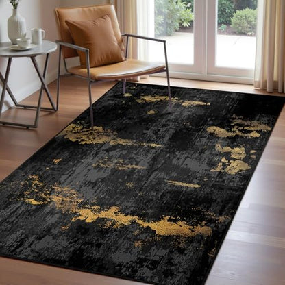 RELEANY Washable 3'x5' Abstract Area Rug for Living Room Black Gold - color: Black/Gold, size: 3' x 5' (Rectangular)