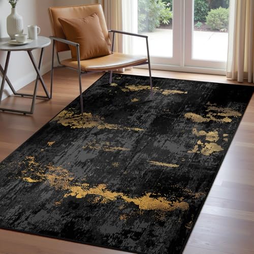 RELEANY Washable 3'x5' Abstract Area Rug for Living Room Black Gold - color: Black/Gold, size: 3' x 5' (Rectangular)