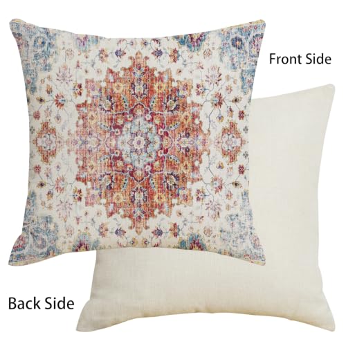 Boho Throw Pillows Cover 20x20 Inch Orange Blue Teal Ethnic Carpet Pillow Covers Set of 2 Coral Floral Linen Decorative Pillow Cases Farmhouse Cushion Cover for Outdoor Living Room Couch Sofa Decor - color: Boho, size: 20" x 20" (Pack of 2)