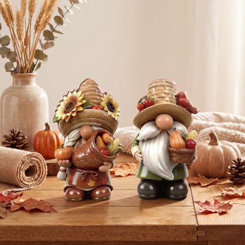 Yuntau 2 Pcs Fall Gnome Decorations for Home Wooden Autumn Thanksgiving Gnome Figurines with Sunflowers Pumpkins Centerpieces for Office Shelf Farmhouse Harvest Decor Indoor Holiday Celebration - style: Fall Gnome