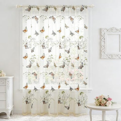 AiFish Embroidered Butterfly Window Semi Sheer Curtains for Kids Room Country Style Dandelion Pattern Room Divider Rod Pocket Tulle Gauze Voile Panel Drapes for Living Room 1 Panel W39 x L84 inch - size: 39"W x 84"L (Pack of 1)