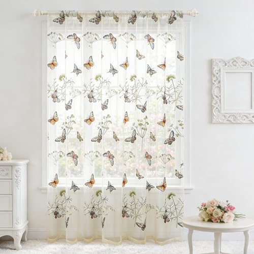 AiFish Embroidered Butterfly Window Semi Sheer Curtains for Kids Room Country Style Dandelion Pattern Room Divider Rod Pocket Tulle Gauze Voile Panel Drapes for Living Room 1 Panel W39 x L84 inch - size: 39"W x 84"L (Pack of 1)