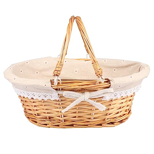 2 Pack Medium Size Wicker Basket with Handle, 12.6x9x4.7 inch Wicker Picnic Basket with Liner, Empty Gift Basket, Oval Willow Woven Basket for Fruit, Candy, Gathering, Wedding, Picnic, by,GNIEMCKIN - size: 2 PCS medium natural color