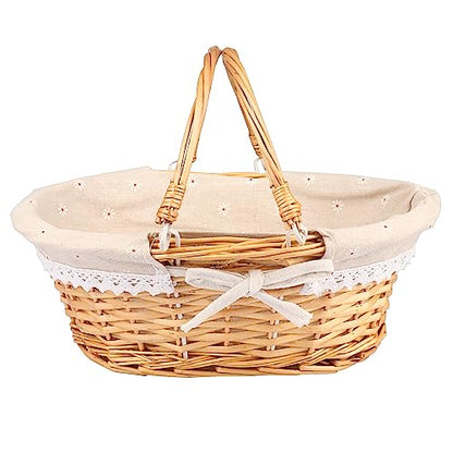 2 Pack Medium Size Wicker Basket with Handle, 12.6x9x4.7 inch Wicker Picnic Basket with Liner, Empty Gift Basket, Oval Willow Woven Basket for Fruit, Candy, Gathering, Wedding, Picnic, by,GNIEMCKIN - size: 2 PCS medium natural color