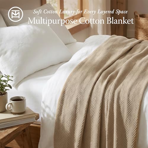 Threadmill Luxury 100% Cotton King Herringbone Blanket, Beige - color: Beige, size: King (106" x 92")
