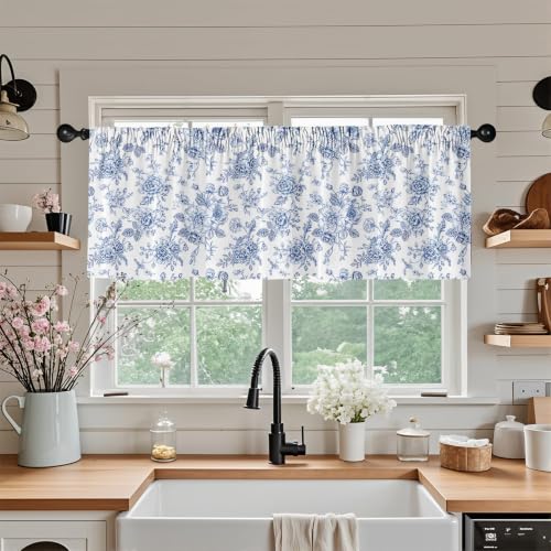 Blue Floral Blackout Window Valance Curtain, Toile Flower Valances - color: Flower 5, size: 52"W x 18"L (Pack of 1)