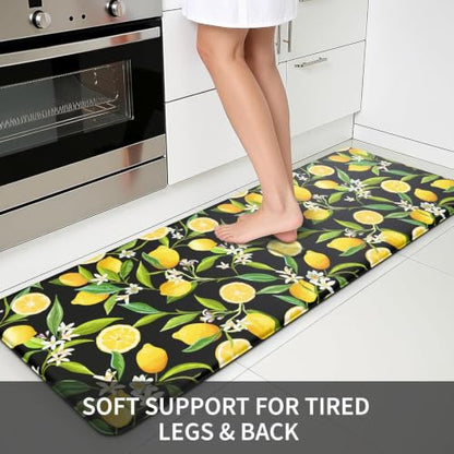 MAYHMYO Lemon Kitchen Decor Mat Set, 2PC Kitchen Mats, Anti Fatigue - color: Black Lemon